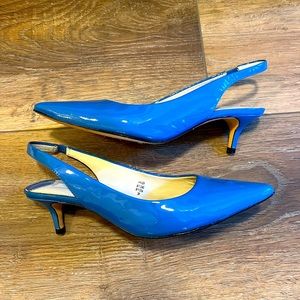 Boden patent leather kitten heel sling backs in a beautiful sky blue.